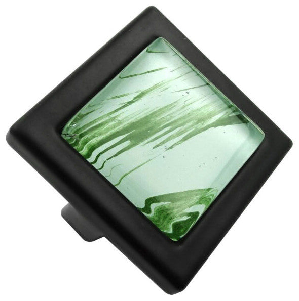 Hand Brushed Random Green Strokes Crystal Glass Black Metal Square Manor Knob