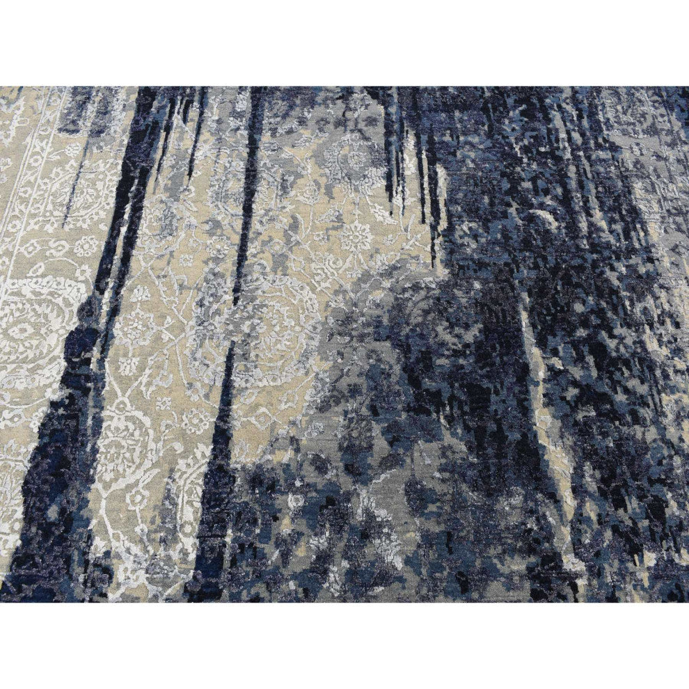 Blue Wool and Silk Japanese Shibori Design Hand Knotted Rug 6' x 8'10"