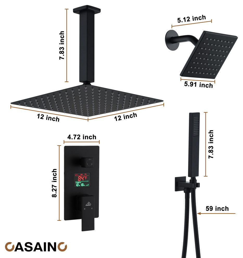 3 Function Wall Mounted Digital Display Shower System, Matte Black