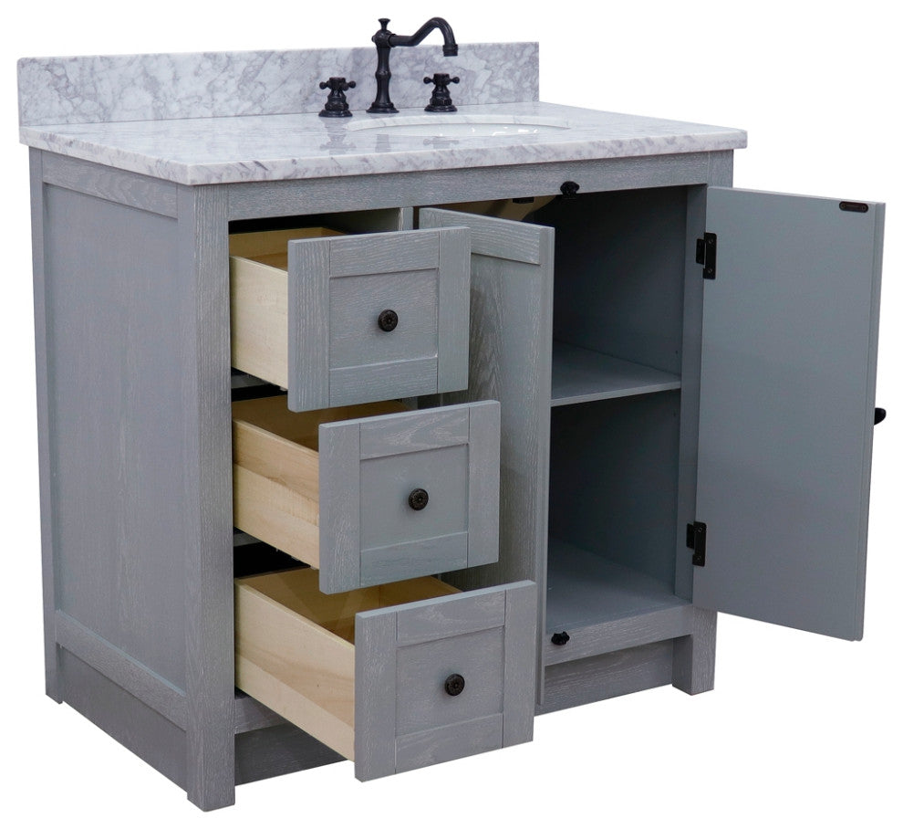 37" Single Vanity, Gray Ash With White Carrara Top, Right Doors/Right Oval Sink