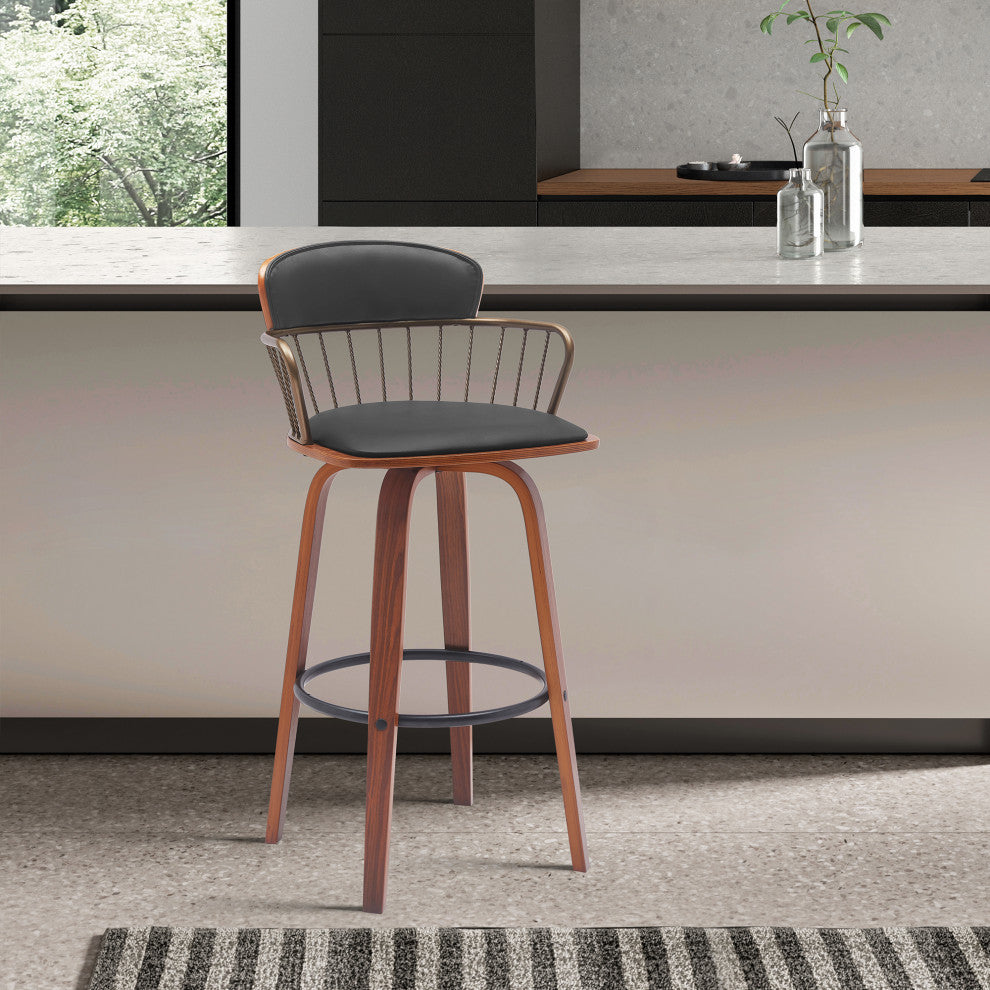 Willow 25.5" Swivel Walnut Wood Counter Stool, Black Faux Leather Bronze Metal, 30