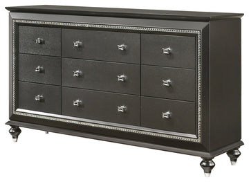 Contemporary Style 9 Drawer Wooden Dresser with Turned Legs, Gray