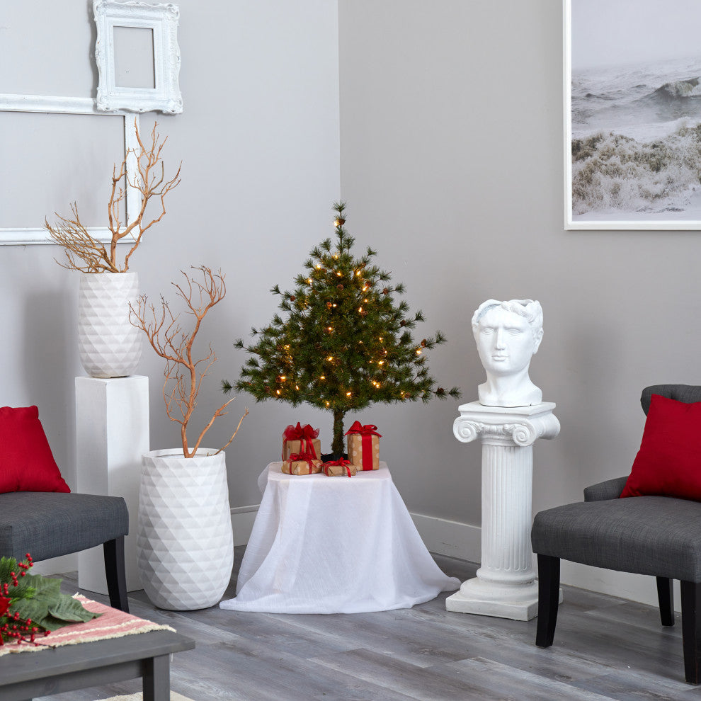 3' Colorado Mountain Pine Faux Xmas Tree W/Lights, Bendable Branches & Pinecones