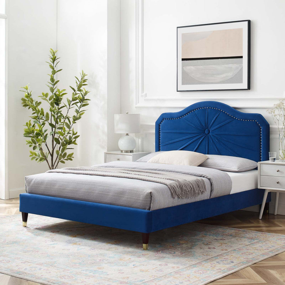 Platform Bed Frame, Queen Size, Velvet, Blue Navy, Modern Contemporary, Bedroom