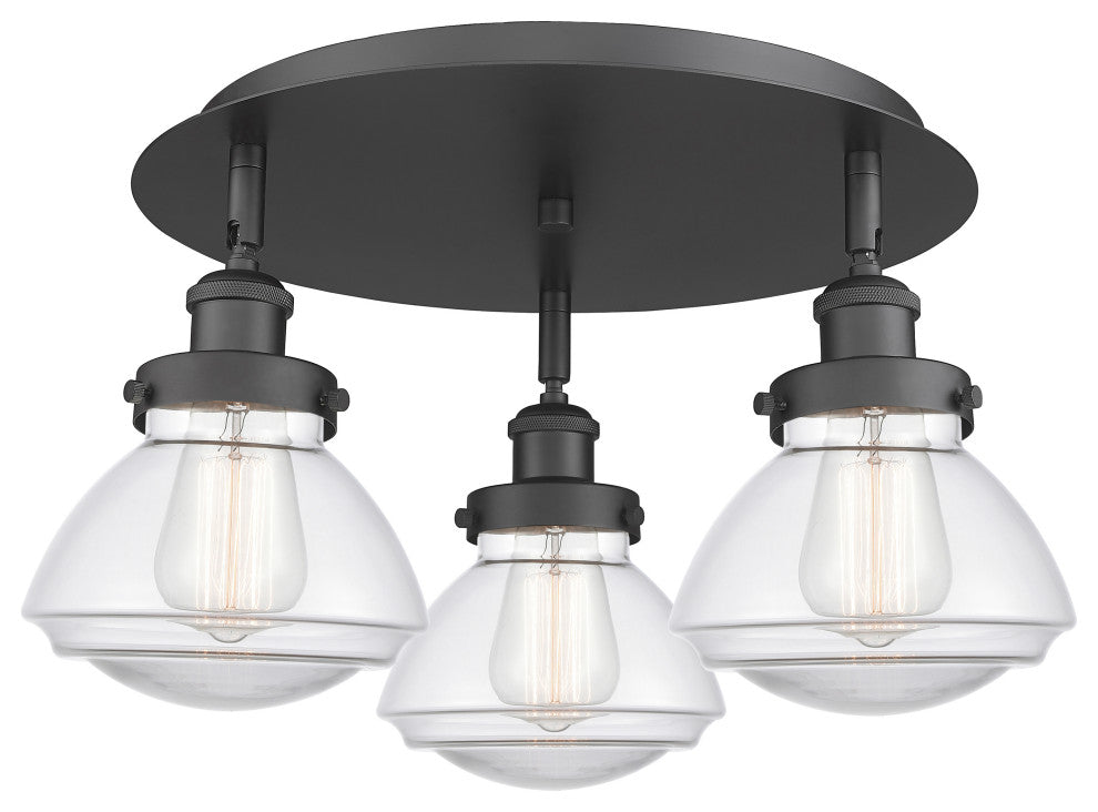Olean-3 Light 18" Flush Mount-Matte Black, Clear Glass Shade