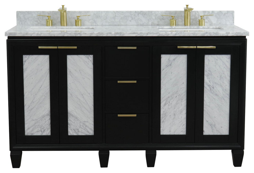 61" Double Sink Vanity, Black Finish With White Carrara Marble