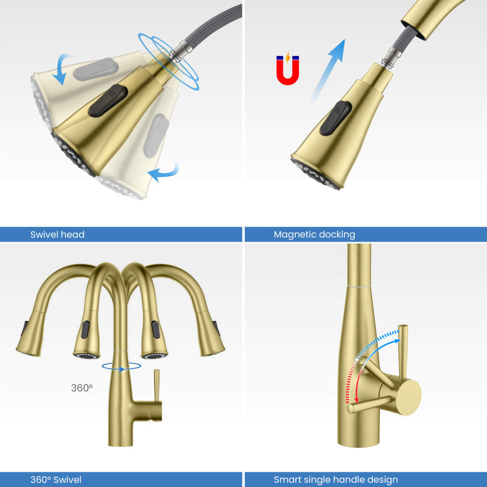Bari Single Handle Pull Down Kitchen & Bar Sink Faucet, Brushed Gold