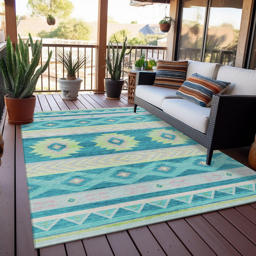 Indoor/Outdoor Phoenix PH3 Teal Machine Washable 5' x 7'6" Rug