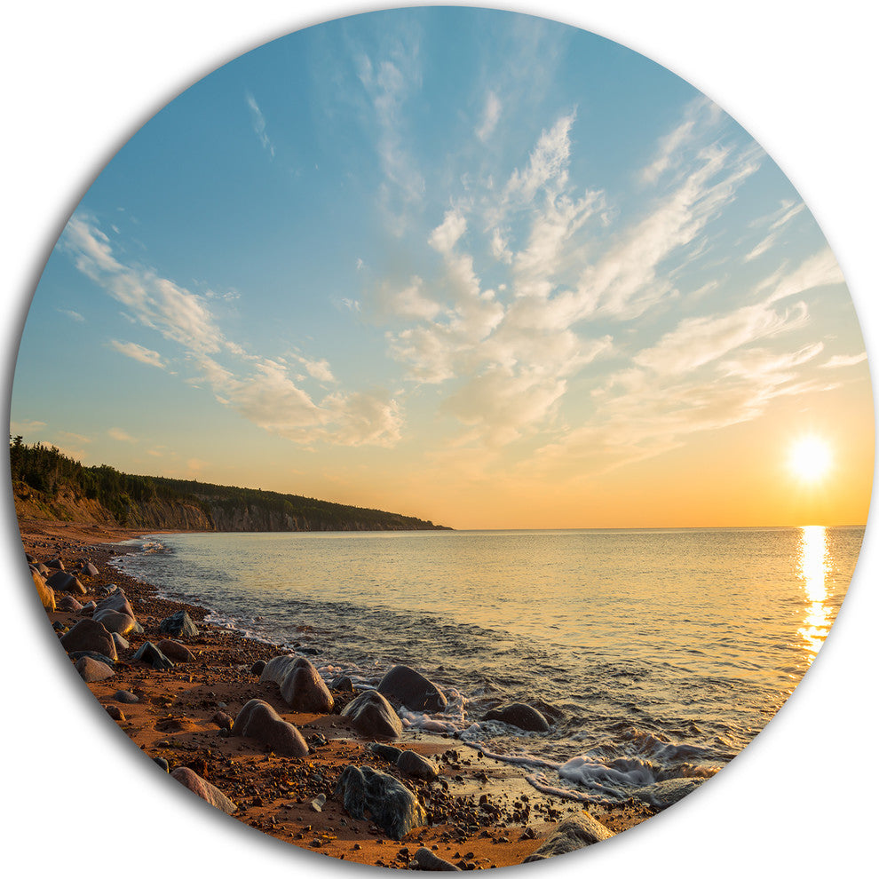 Ocean Shore At Sunrise With Rocks, Seascape Round Metal Wall Art, 11"