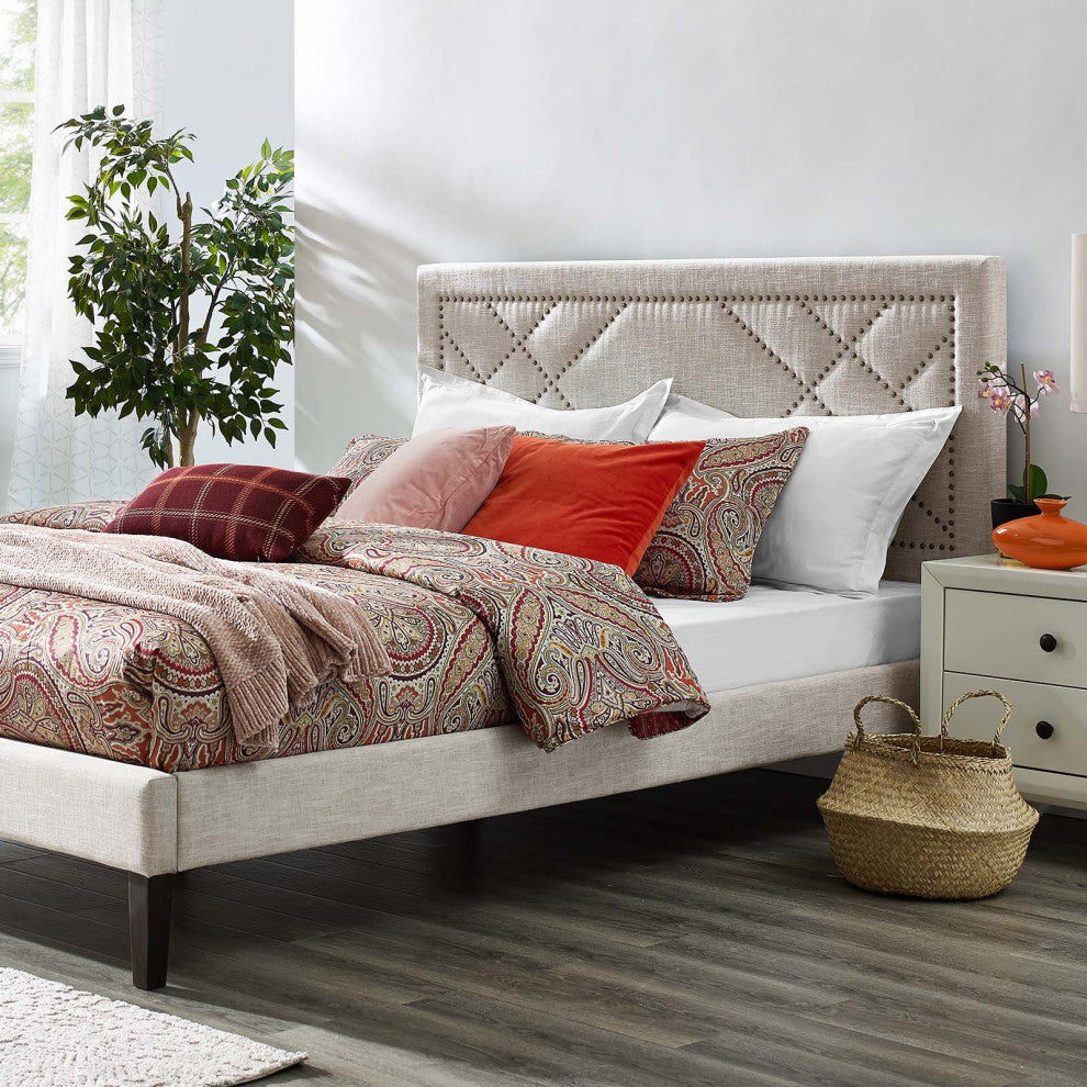 Contemporary Modern Full and Queen Size Headboard, Rivet Nail, Fabric, Beige