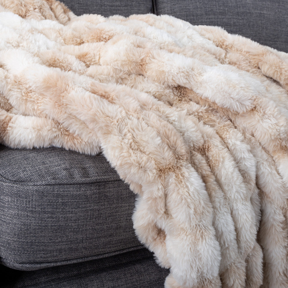 Oversized Ruched Faux Fur Blanket Jacquard Faux Fur Queen-Size Throw, Cream