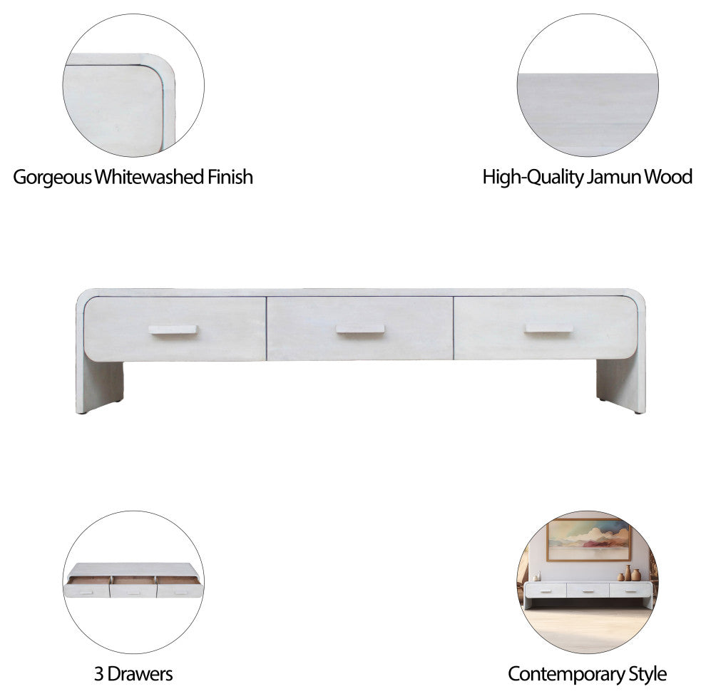 Wood, 71"L Media Stand, 3 Drawers, Whitewash