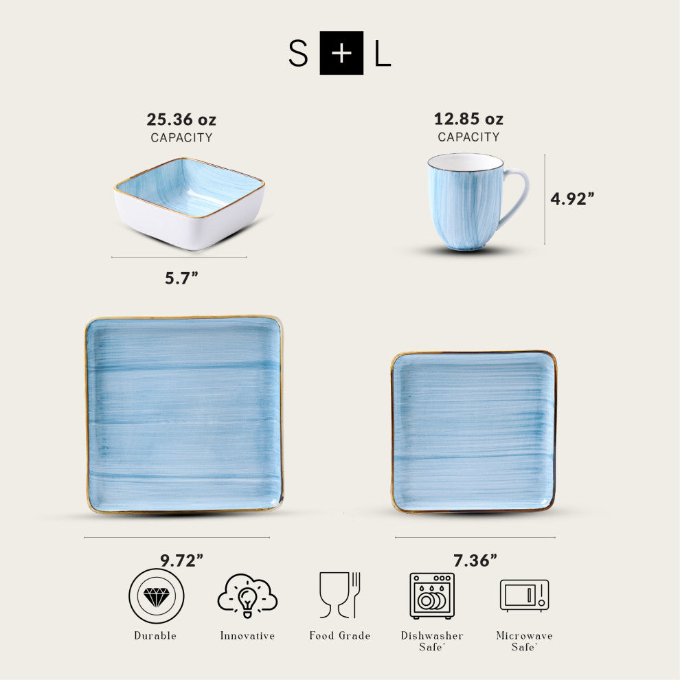 Stone Lain Esmeralda Porcelain 16 Piece Dinnerware Set, Light Blue