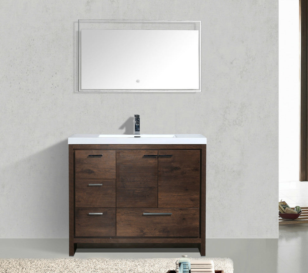 Mod 42" Modern Bathroom Vanity, Rosewood, Left Drawer