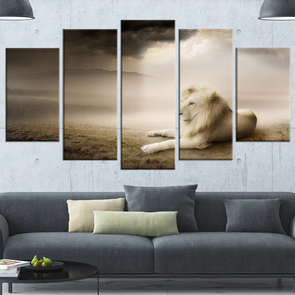 King of Animals At Sunset, Animal Canvas Wall Art, 60"x32", 5 Panels