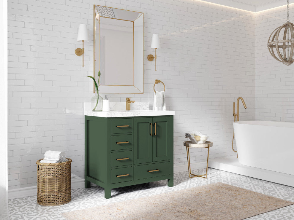 Malibu 36 Right Offset Bath Vanity in Lafayette Green 2" Carrara Quartz