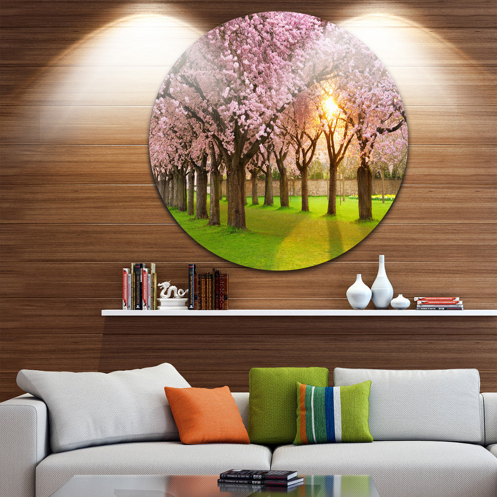 Fascinating Springtime Cherry Scenery, Landscape Round Artwork, 11"