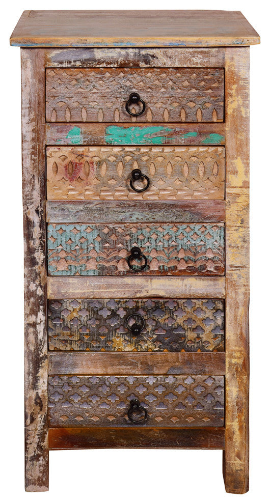 Willards Boho Handmade Reclaimed Wood 5 Drawer Chest, Multicolored and Natural