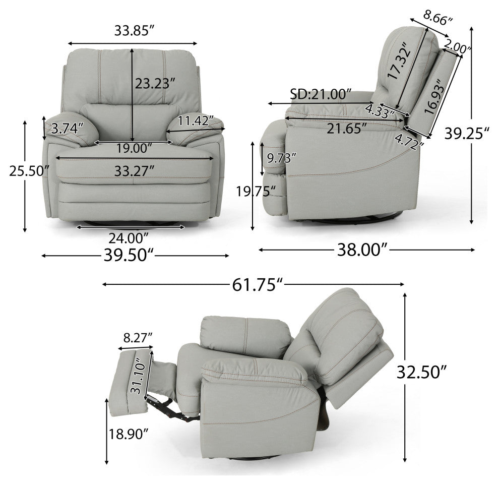 GDF Studio Laurent Leather Swivel Power Recliner, Light Gray/Black