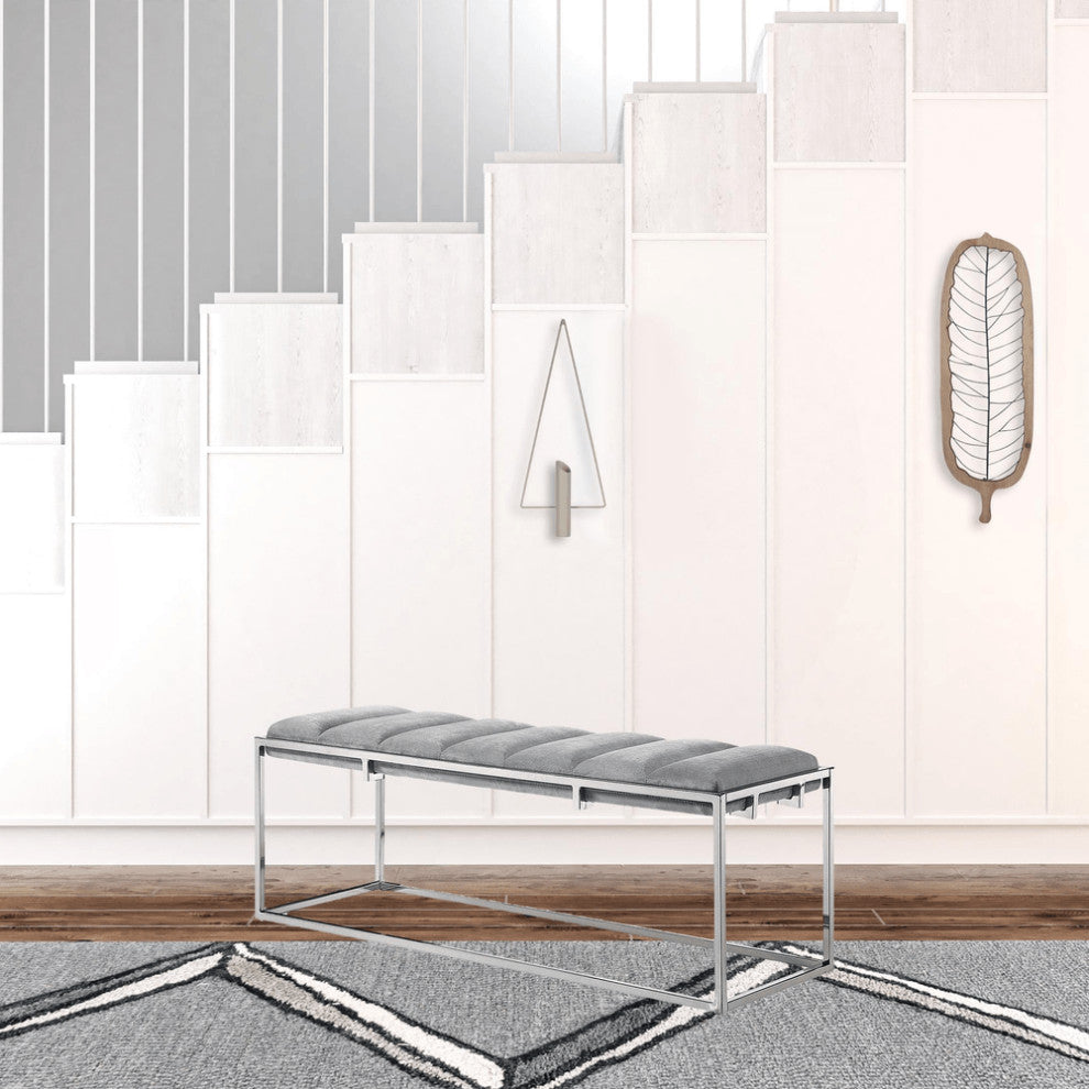 50" Gray And Silver Upholstered Velvet Bench