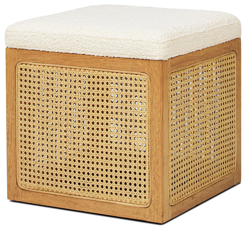 Nina 18" Cane Webbing Cube Ottoman, Ivory White Boucle
