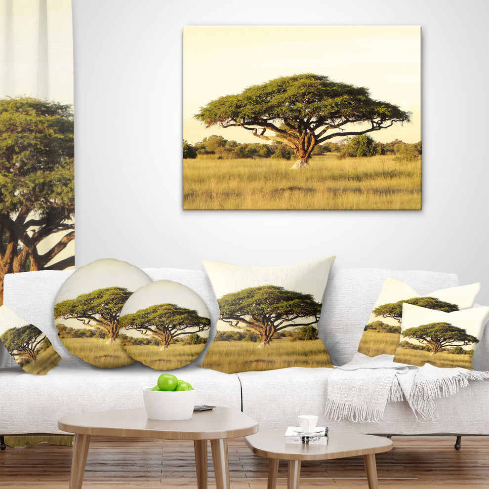 Acacia Tree On African Plain African Landscape Printed Throw Pillow, 18"x18"