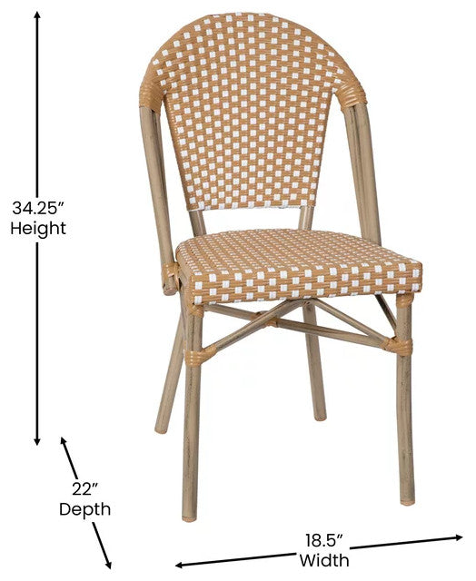 Set of 2 Indoor Outdoor Dining Chair, Woven Rattan Seat & Back, Natural & White