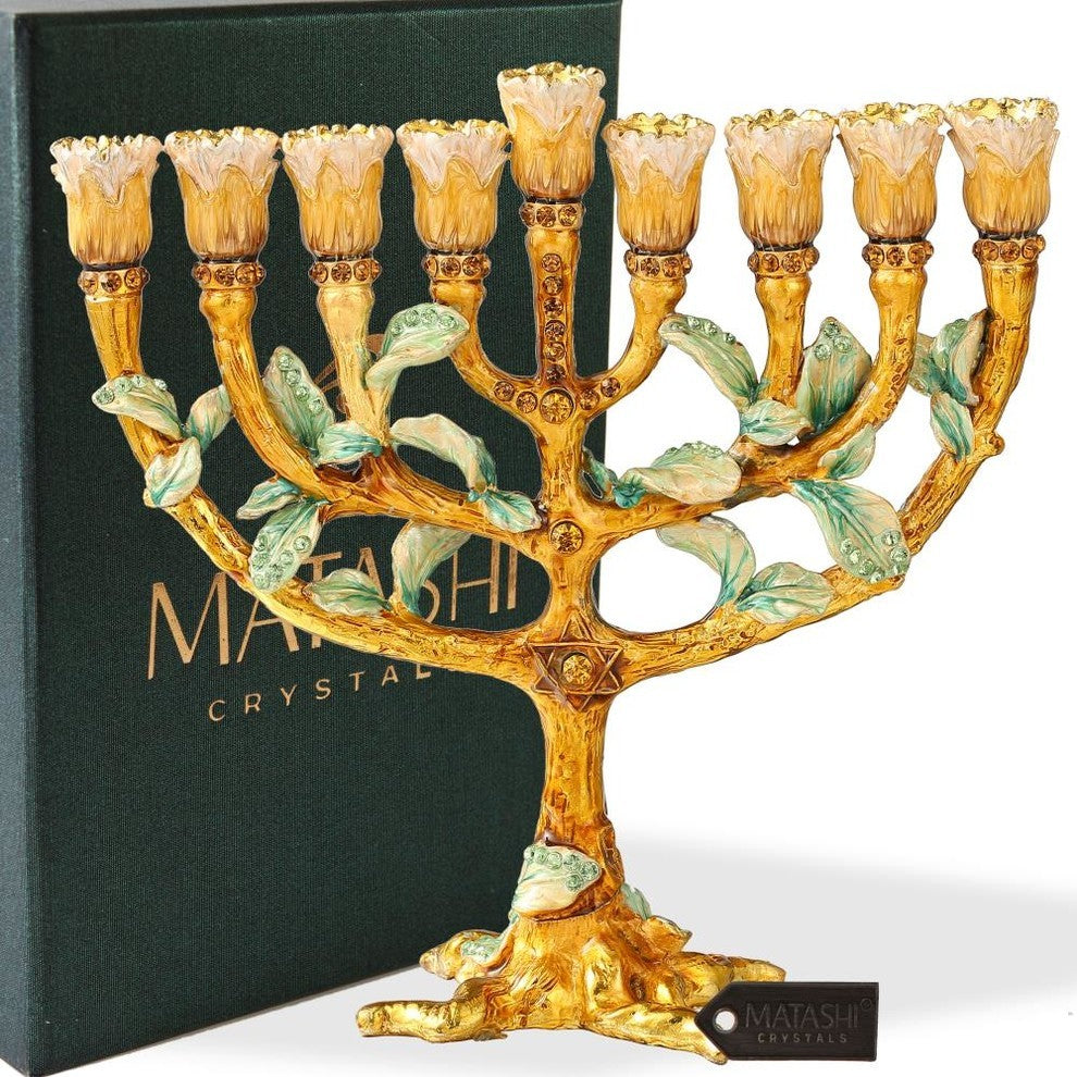 Hand Painted Enamel Menorah Candelabra with a Tree and Flower Buds Design