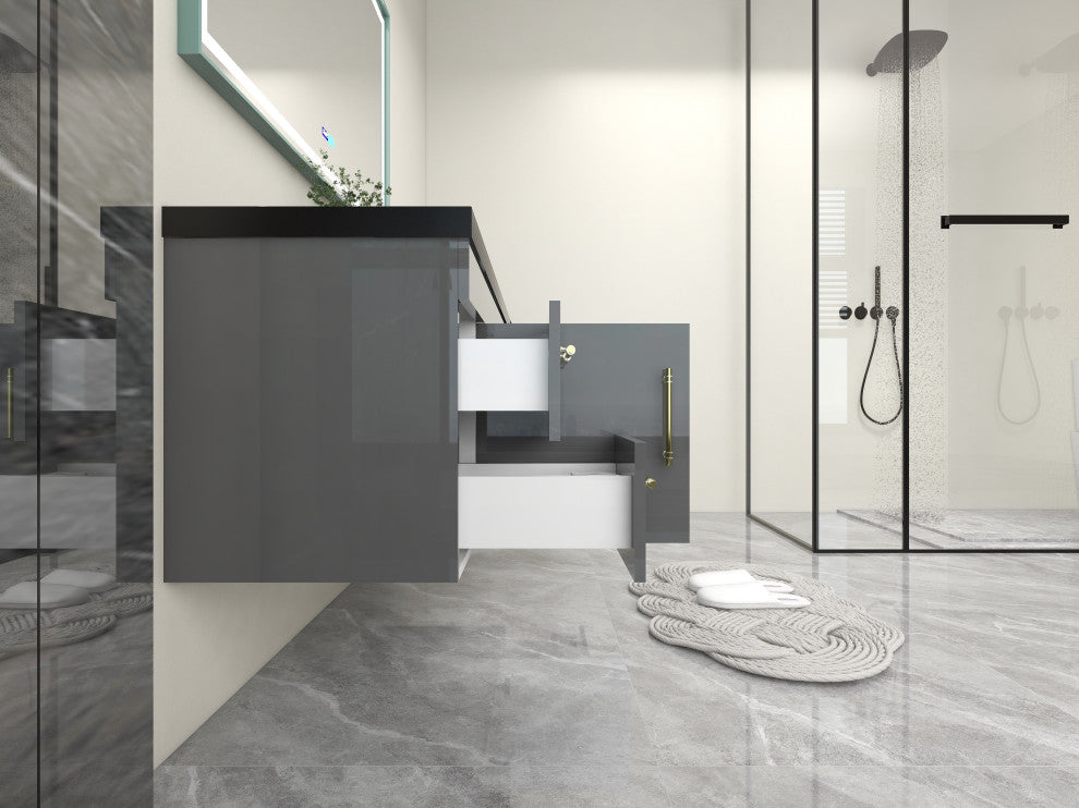 Rosa 60" Wall Mounted Modern Vanity, High Gloss Gray, Matt Black Top