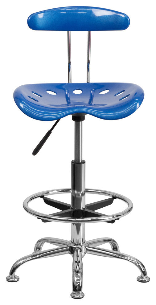 Vibrant Bright Blue and Chrome Drafting Stool With Tractor Seat