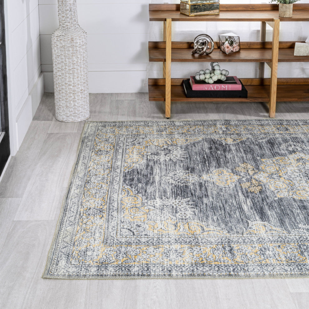 Bausch Distressed Chenille Washable Dark Gray/Yellow 4 ft. x 6 ft. Area Rug