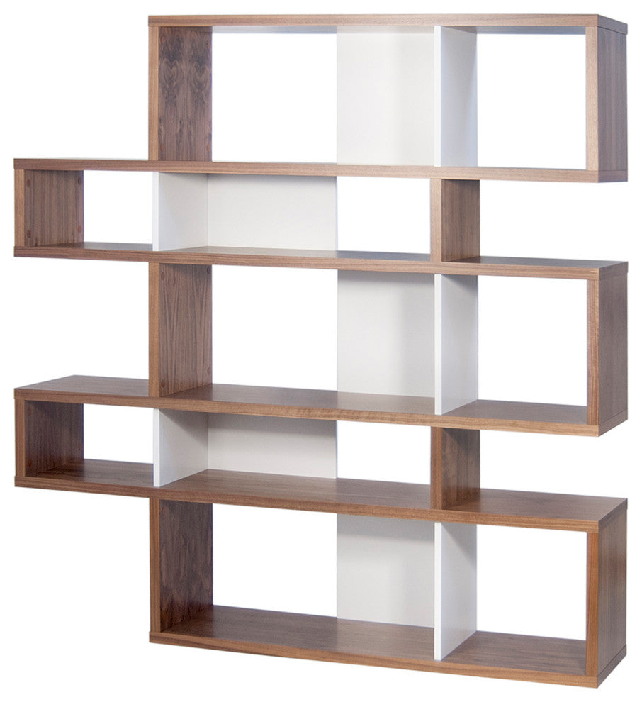 Modern Large Modular Display 2 Tone Shelves, Walnut Frame/White Backs