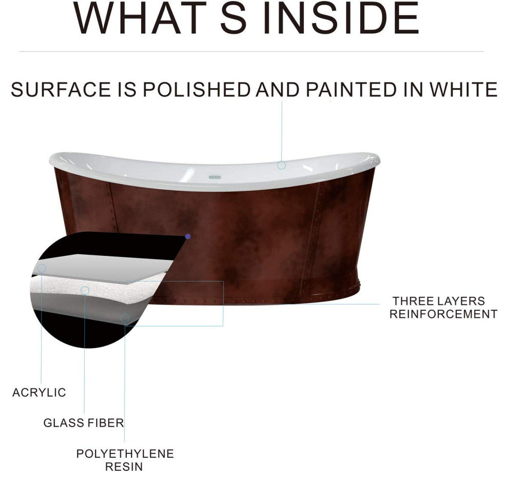 HEATGENE 66" Acrylic Freestanding Bathtub Vintage Soaking Tub, Bronze
