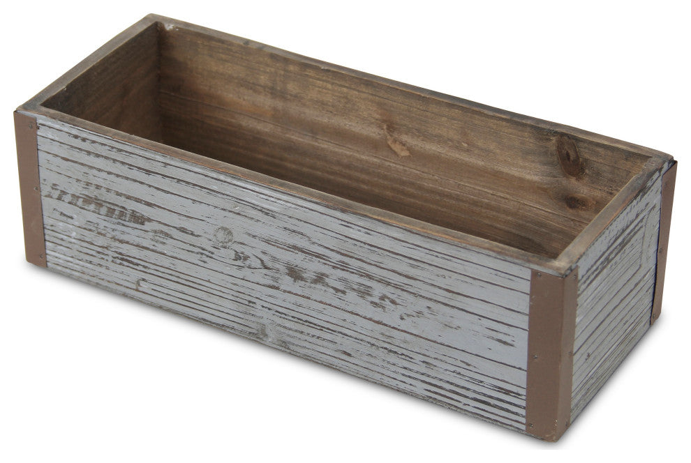 Gray Wash Wooden Rectangular Planter With Metal Corner Accents