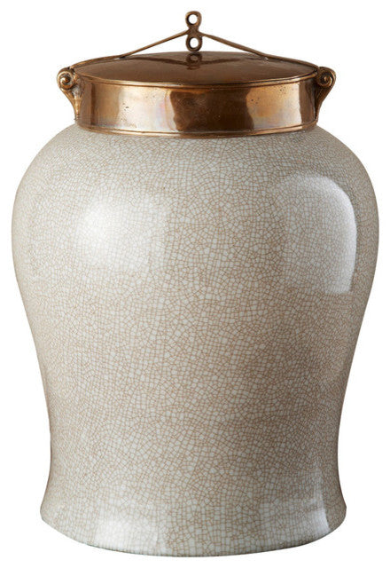 Off White Crackle Jar With Bronze Glaze Lid, Large