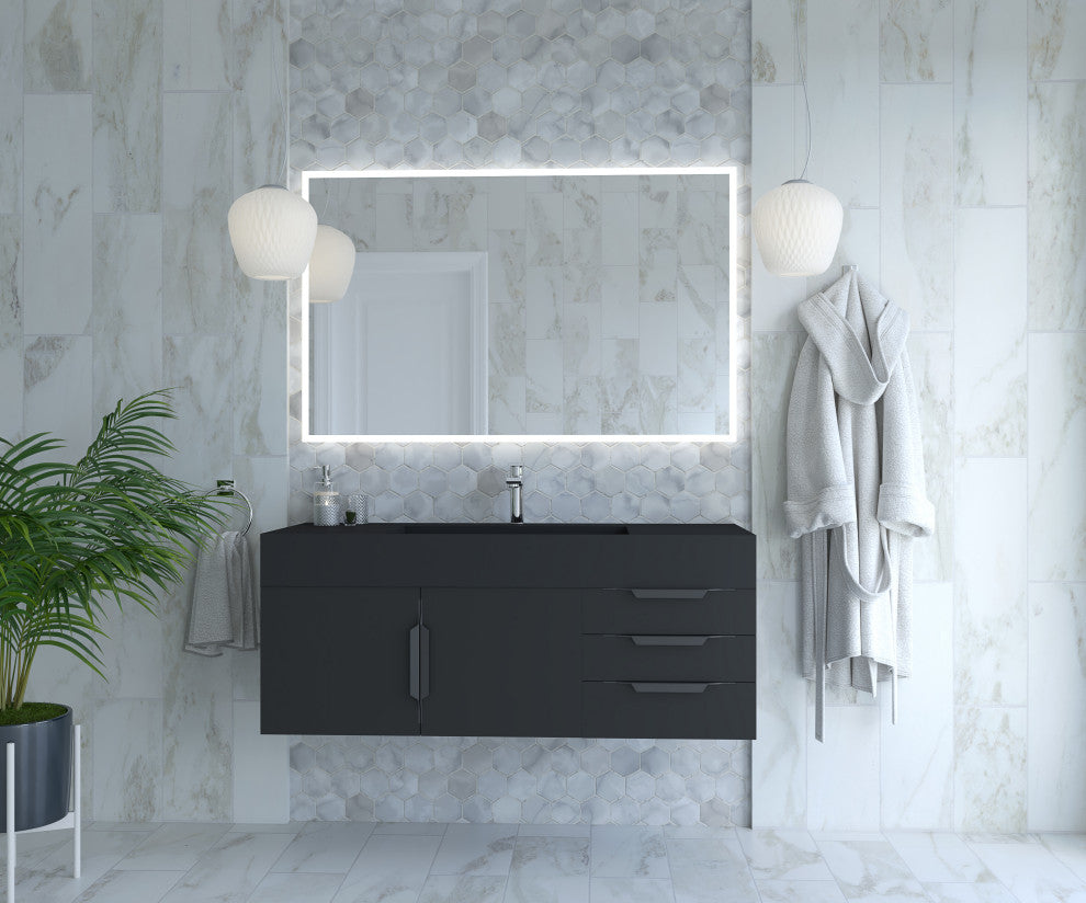 CastelloUSA Amazon 48" Wall Mounted Vanity Set, Black, Black Top, Black Handles
