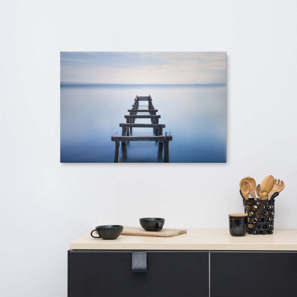 Soft Blue Lake and Abandoned Pier Coastal Landscape Photo Canvas Wall Art Print, 24" X 36"