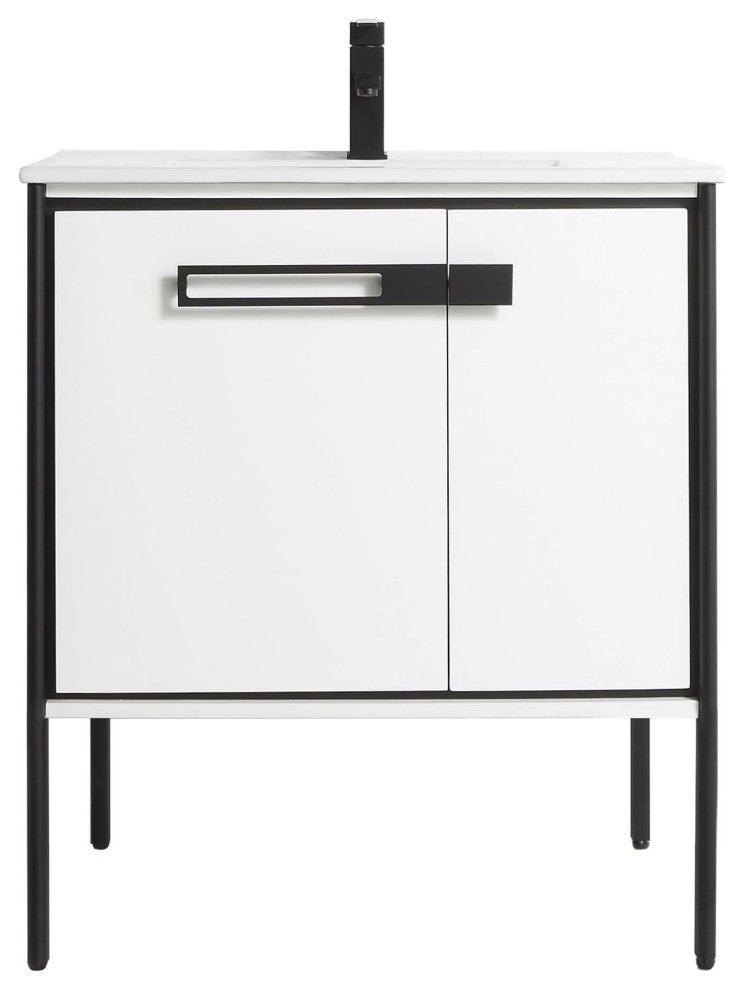 Oakville Bath Vanity, Ceramic Sink, White Matte, 30 Inch, Black Hardware