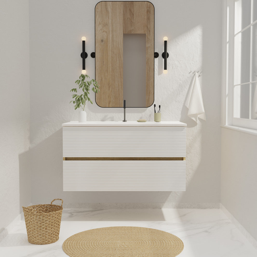 Wall-Mounted Bathroom Vanity Set with Integrated Ceramic Sink, White, 36"