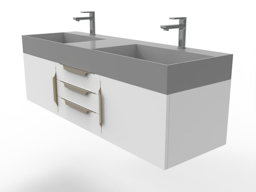 CastelloUSA Amazon 60" Wall Mounted Bathroom Vanity Set, White, Gray Top, Gold Handles