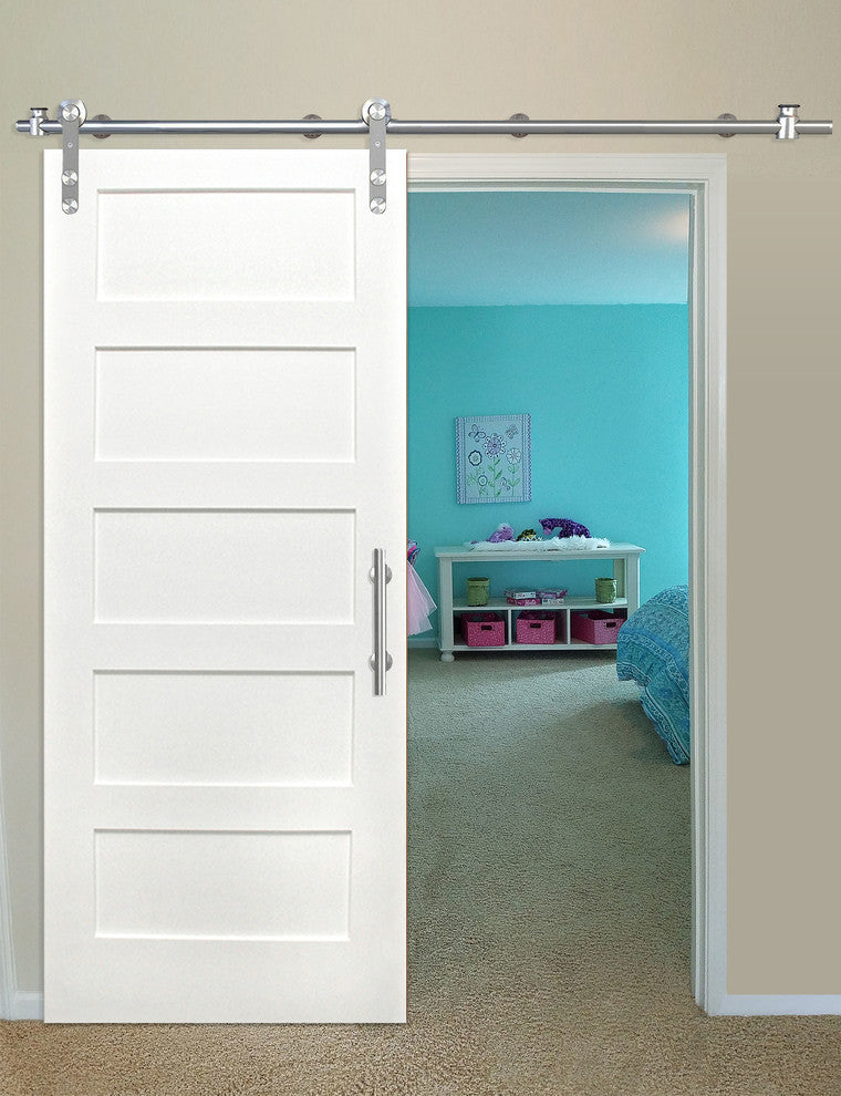 36"x 84" 5-Pnl Pine Barn Door With Round Stainless Sliding Door Hardware Kit