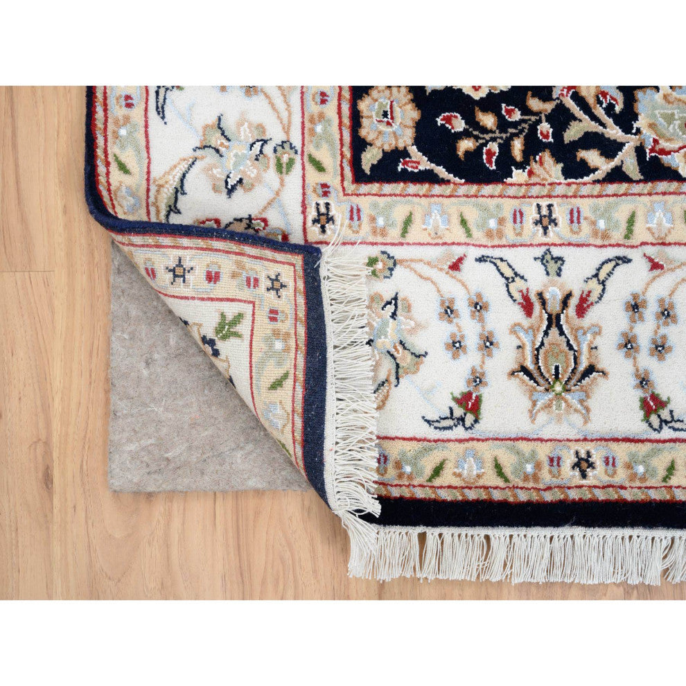Midnight Blue Hand Knotted Nain 250 KPSI Wool and Silk Square Rug 5'0" x 5'0"