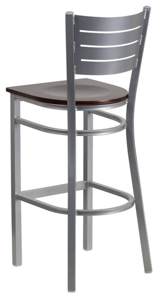 Silver Slat Back Metal Barstool, Walnut Wood Seat