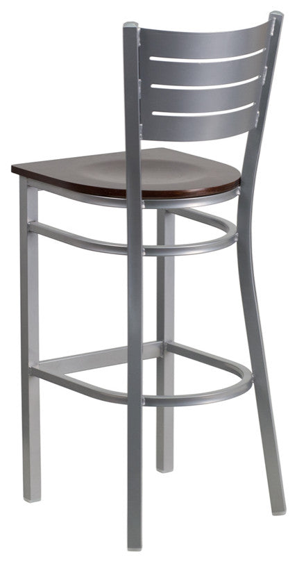 Silver Slat Back Metal Barstool, Walnut Wood Seat