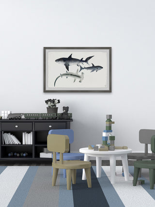 "Gray Sharks" Framed Painting Print, 12"x8"