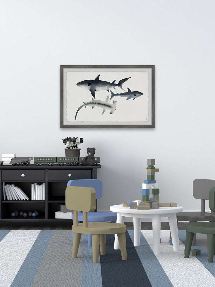 "Gray Sharks" Framed Painting Print, 12"x8"