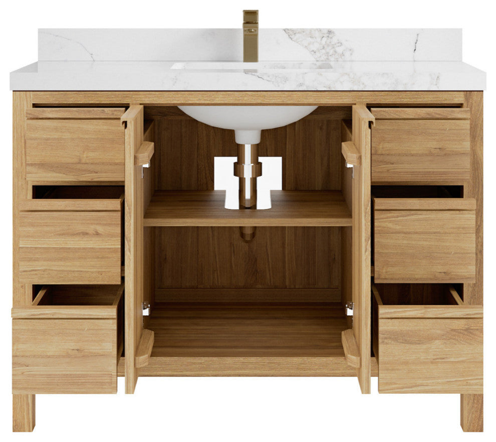 Elizabeth 48 Single Sink Bath Vanity in Light Natural Teak 2" Calacatta Nuvo