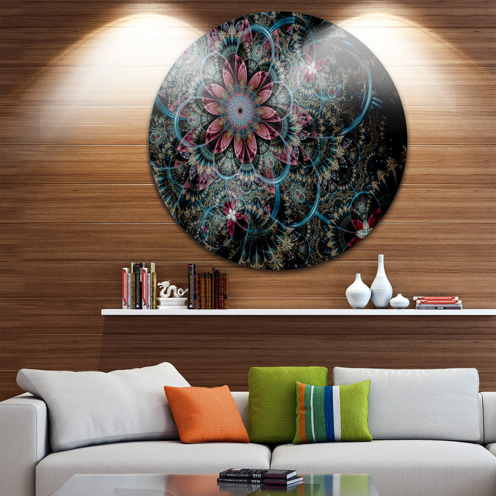 Fractal Flower In Dark Blue Digital Art, Floral Disc Metal Artwork, 11"
