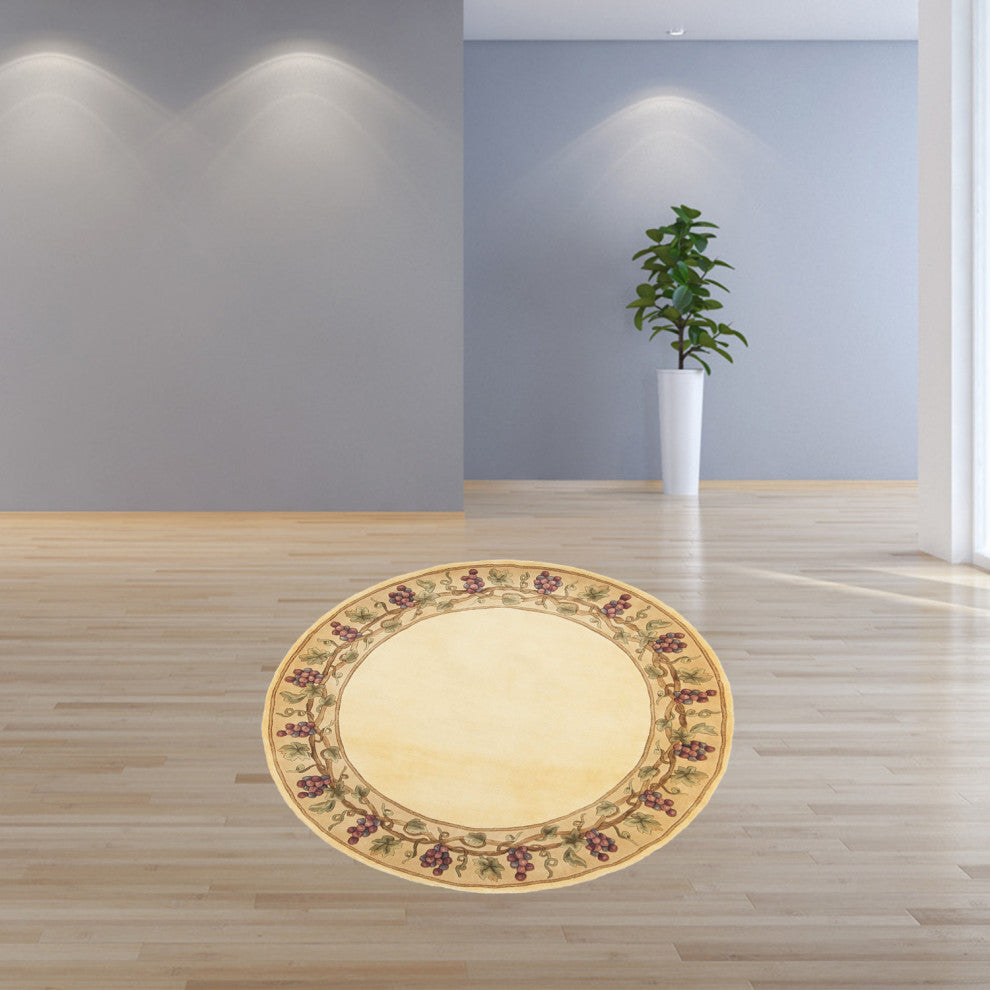HomeRoots 8' Ivory Hand Tufted Bordered Grapevine Round Indoor Area Rug