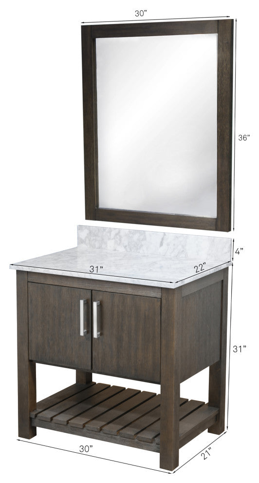 30" Vanity, Carrara White Marble Top, Sink, Drain, Mounting Ring, and P-Trap, Matte Black, Mirror Included